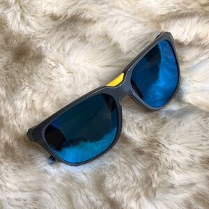 Oakley Matte Gray Framed Anorak Sunglasses with Blue Lens, and Yellow Details